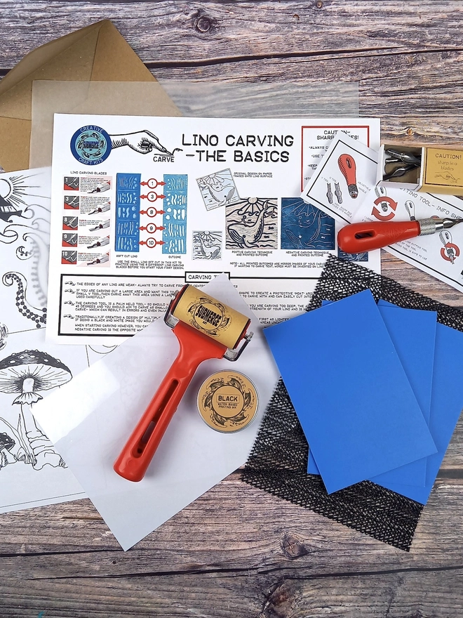 Essentials Lino Printing Craft Kit, full kit unpacked on table. 