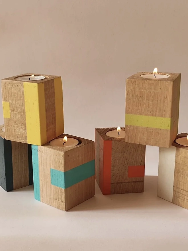 Tall Stripe Design Wooden Cube Candle