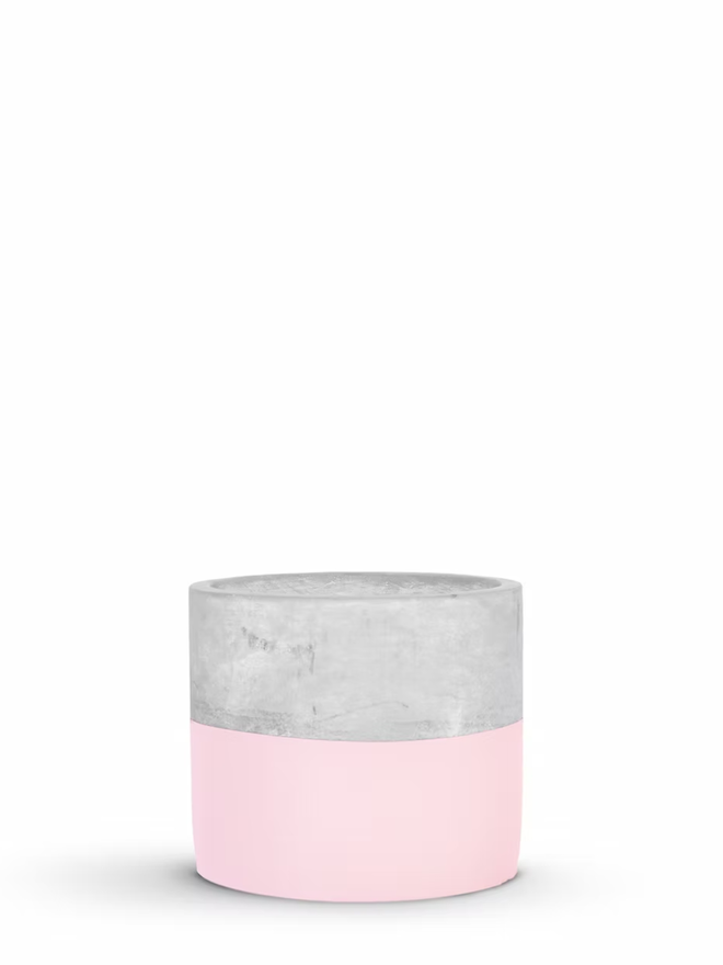 half full concrete plant pot. a grey concrete plant pot with the bottom half painted pink.