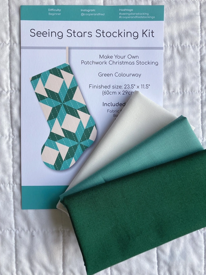 Cooper and Fred Make Your Own Patchwork Stocking Kit using the Seeing Stars Stocking Pattern Green Colourway