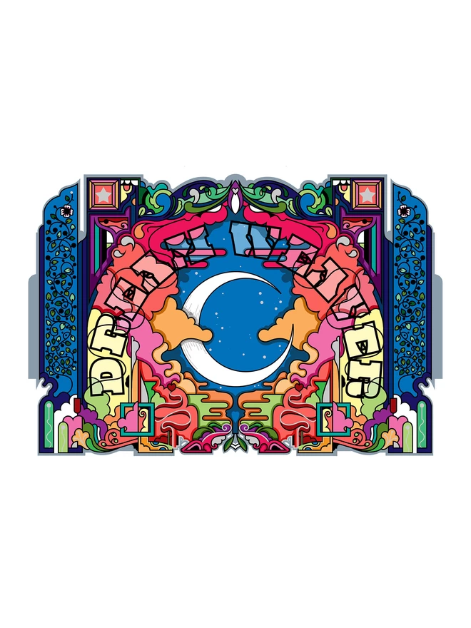 A white waxing crescent moon sits in the centre of the image under the words “Dream Weaver” which arches around it. The central illustration is brightly coloured, and is edged with a dark blue border.