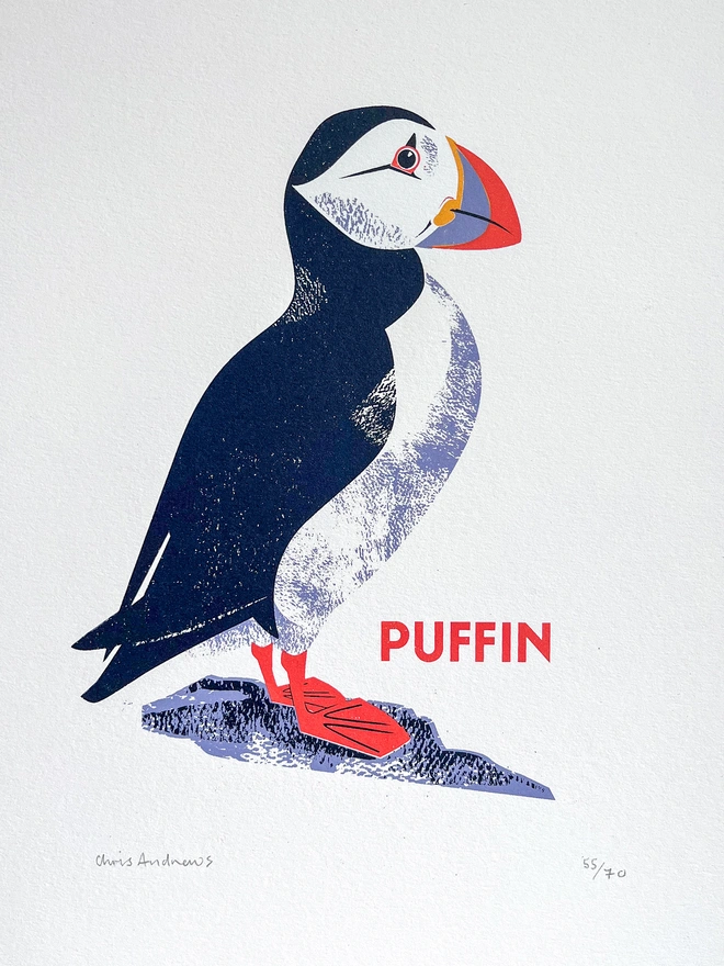 A screenprint of a Puffin on white paper against a navy blue background.