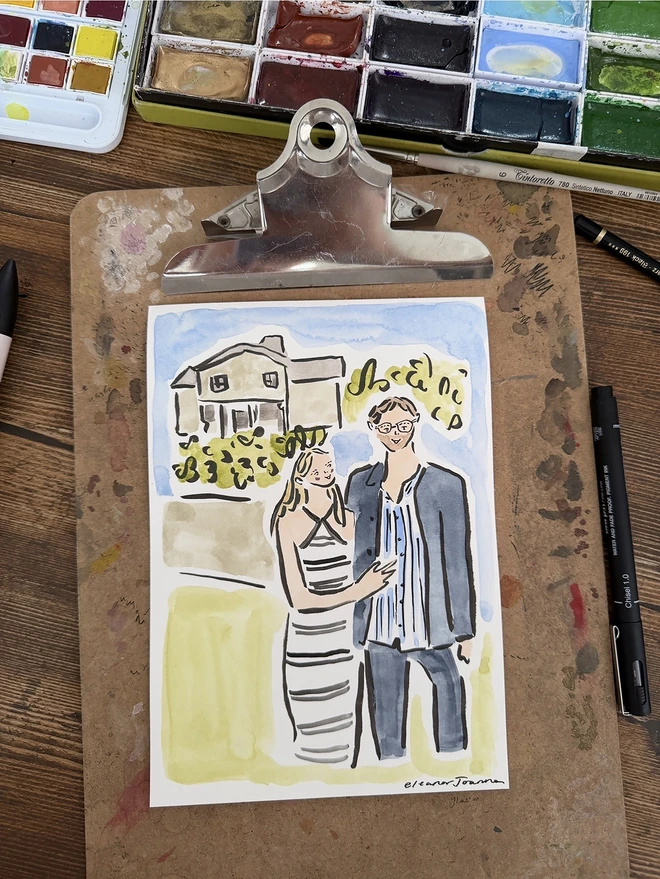 New home gift couple stood outside new house present A4 A5 portrait