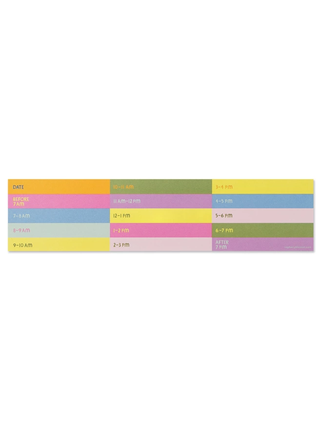 Raspberry Blossom vibrant keyboard notepad is sectioned off in colourful blocks dedicated to different hourly slots to organise the day from 7am- 7pm