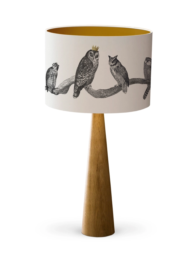 Handmade vintage owl lampshade featuring a parliament of illustrated owls perched together, created from antique animal etchings with monochrome details