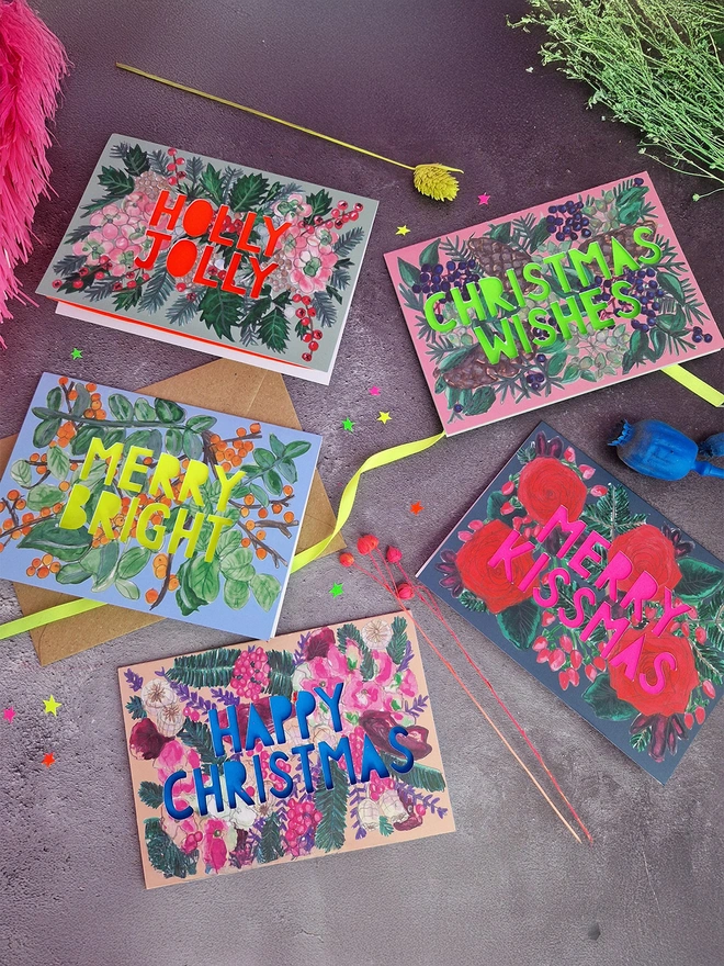 Neon floral Christmas card pack