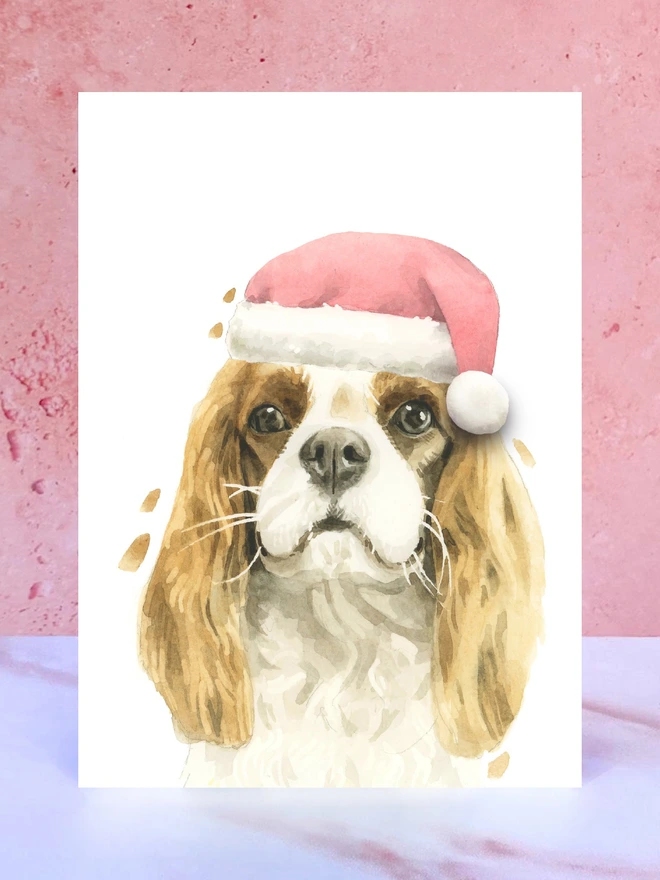 cavalier king charles spaniel santa hat christmas card