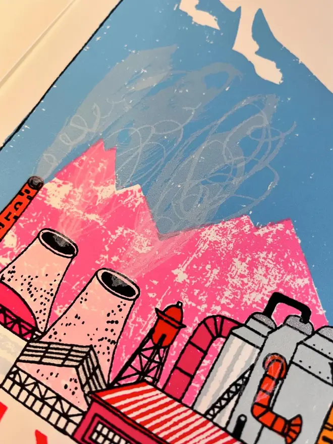 Flying Horse Screenprint 'One Giant Leap', a colourful green tea design in the centre of a white screenprint. 