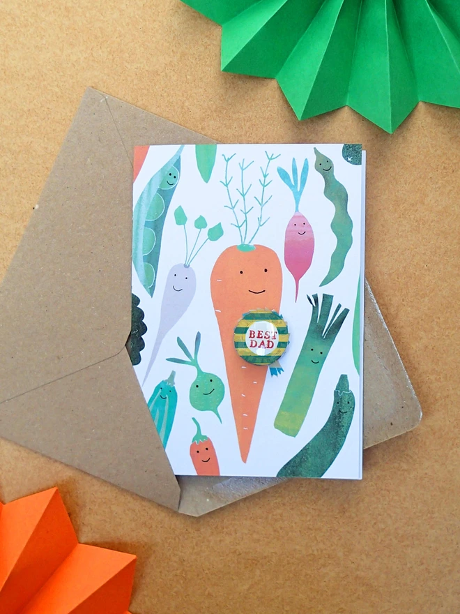 Carrot best dad greeting card with rosette pin badge