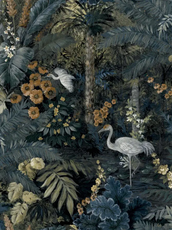 Midnight Flight of the Cranes wallpaper with a white crane and dark botanical foliage