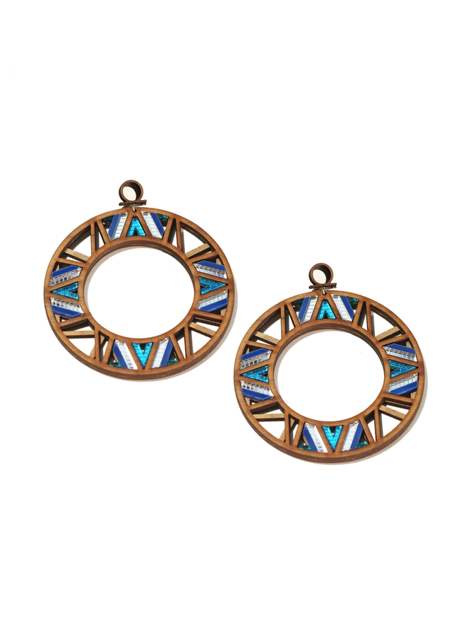 Intricate Hoop Earrings made from walnut, with blue, teal and silver. 