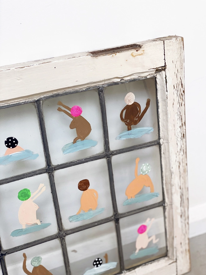 18 whimsical swimmers painted on old window stretching in the nude. Funny, quirky and playful