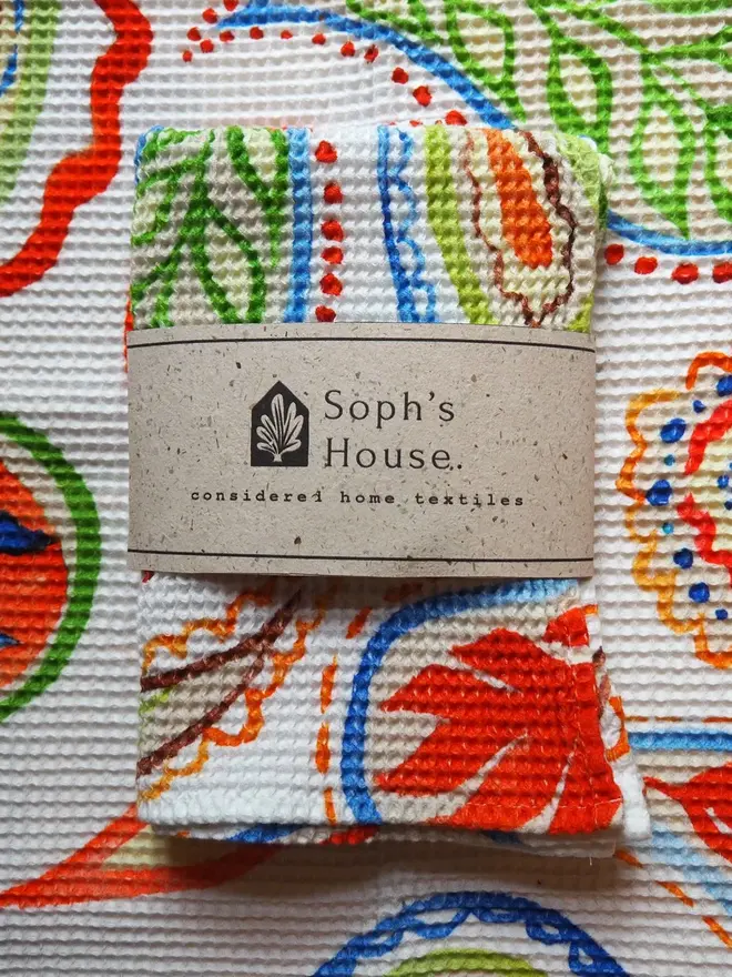 Paisley Waffle Tea towel, folded on top of another Paisley Waffle Tea towel. 