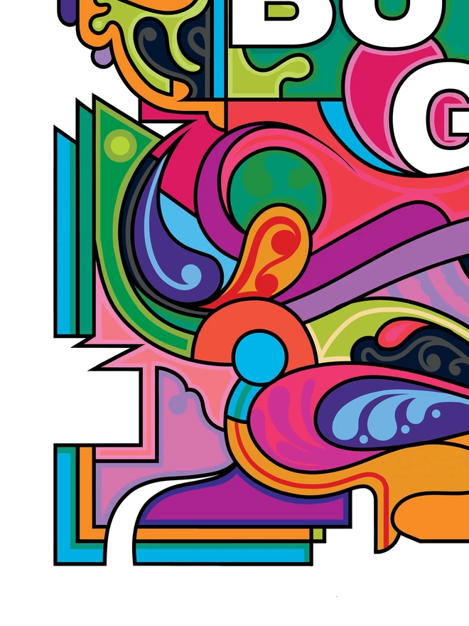 Close up of the bottom left hand corner of the illustration, detailing the colourful, abstract design.