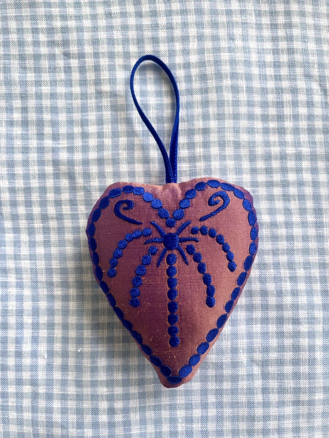 Silk heart ornament: dusty pink/lilac fabric, electric blue thread and ribbon