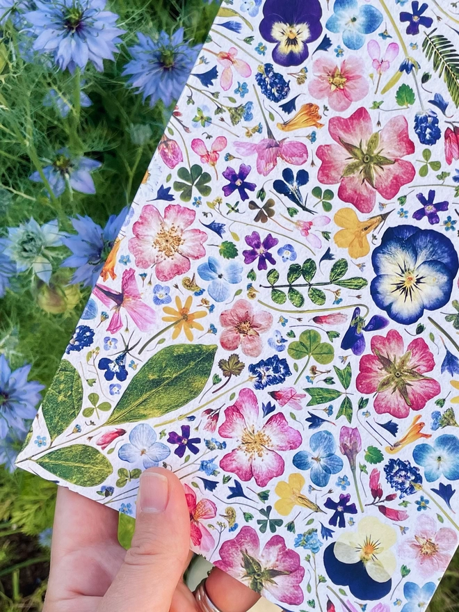 Hand Holding Summery Notebook with Flower Design of Pressed Hydrangea, Viola, Cornflower, Lavender, Dog-Rose, Daisy, Verbena, Buttercup, and Forget-Me-Not
