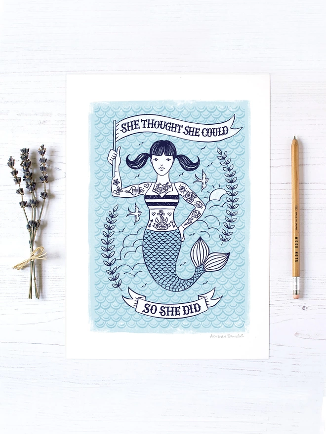 blue tattoo mermaid encouragement print unframed with lavender and wood pencil