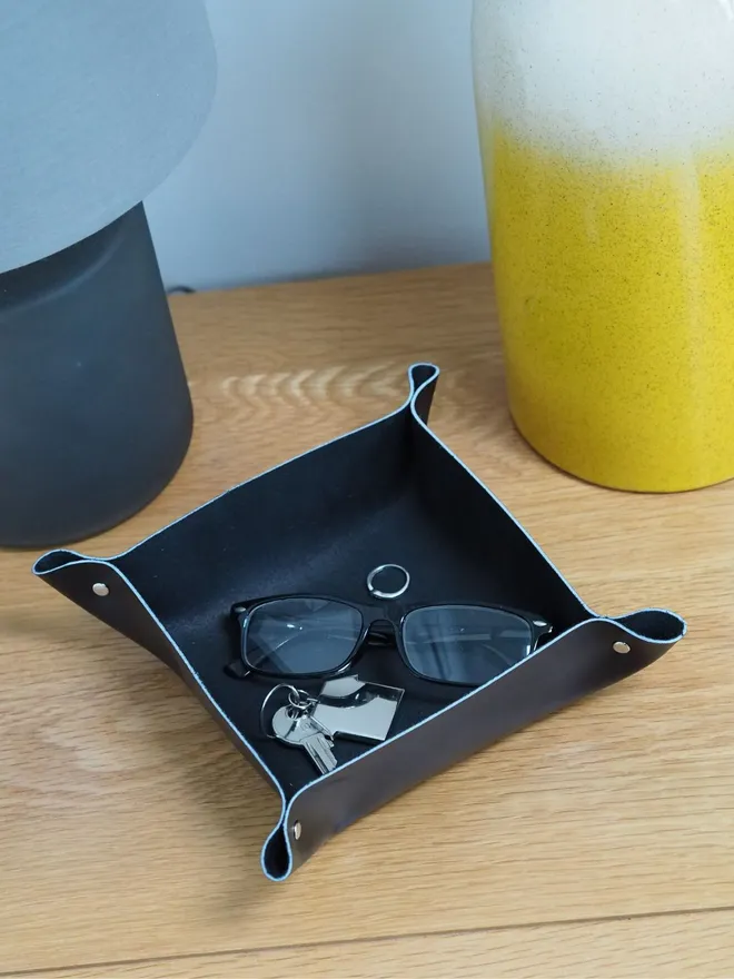 square black leather desk tidy