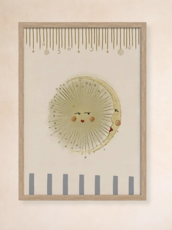 Astral Weeks Art Print, a colourful print with a sun motif hanging from a plain wall in a frame. 