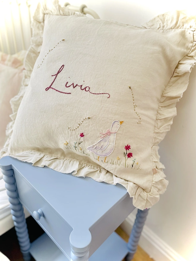 Soft linen personalised cushion - goose floral design - new baby gift blossom and bramble embroidery handmade painted hand embroidered