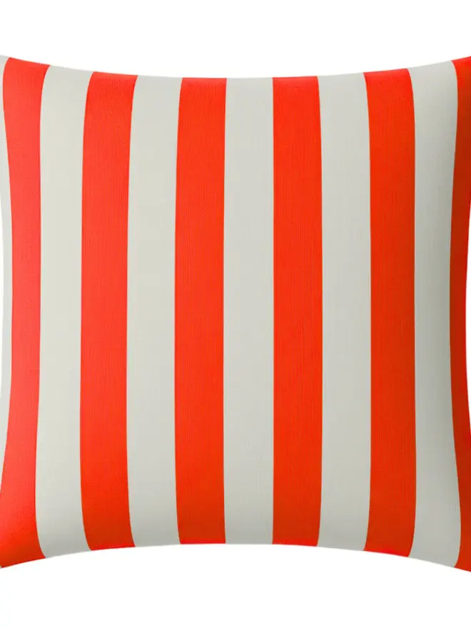 Hand Painted Sustainable Linen Cushion In Stripe Print, a neon orange striped cushion against a white background. 