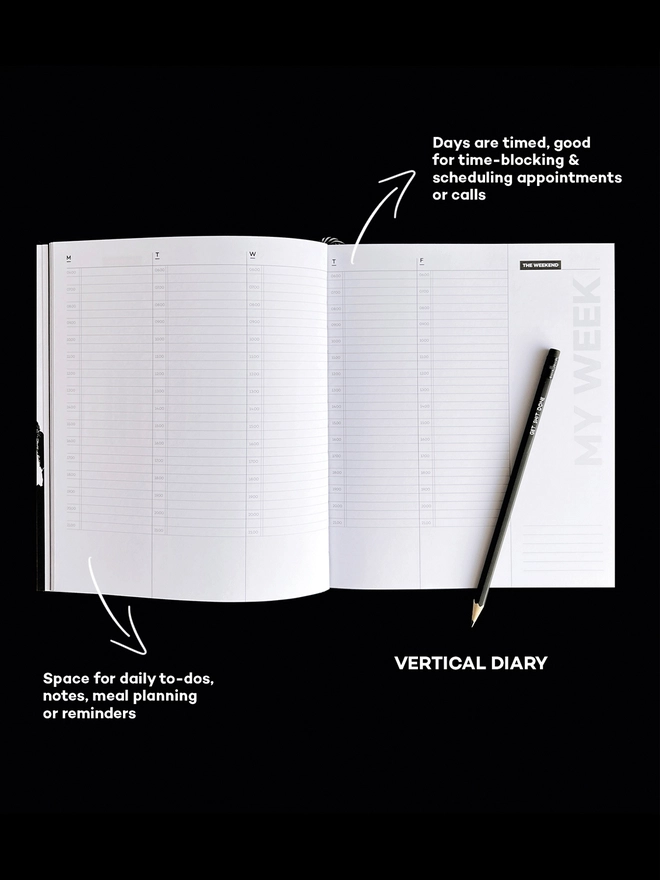 Vertical weekly planner diary page. Timed from 6am - 9pm.