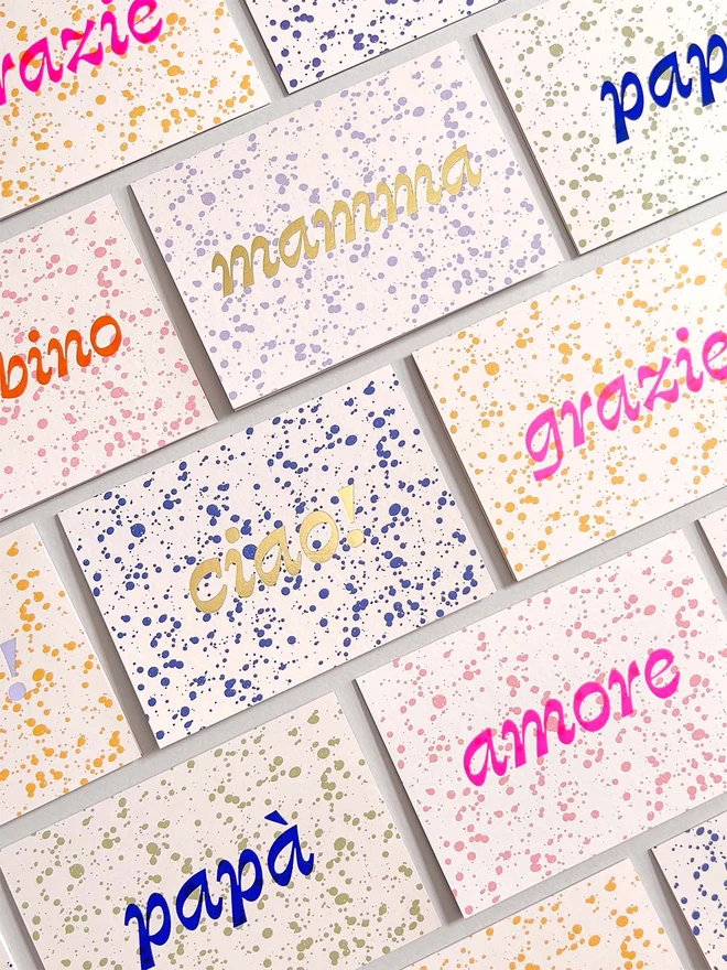splatter greeting card splatterware grazie pink orange foil