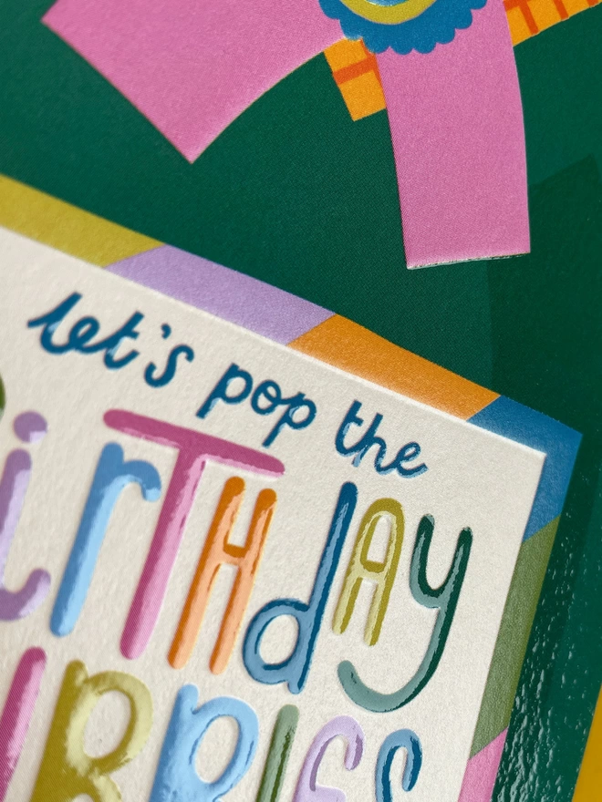 A closer look at the detail on the die cut birthday card, the card has a spot UV finish so the multi-coloured birthday message really pops