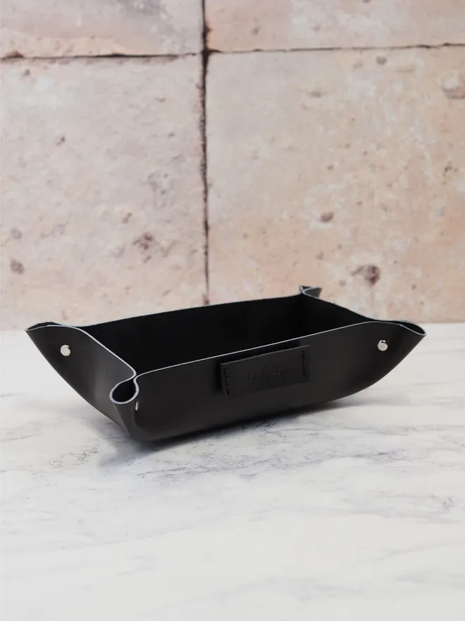 personalised black leather rectangle tray