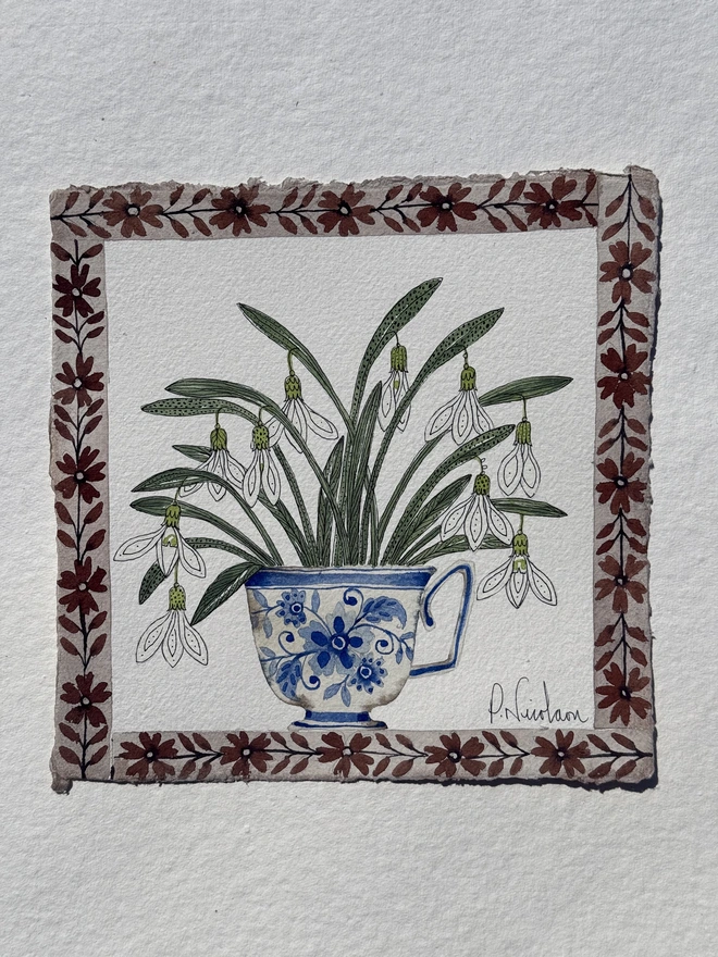'Snowdrops In Delft Ceramic Mug' Watercolour Painting