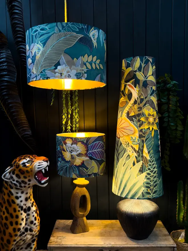 Into the Wild patterned velvet lampshades with tropical designs and gold linings