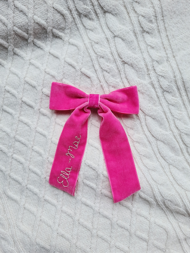 hand embroidered velvet name hair bow clip