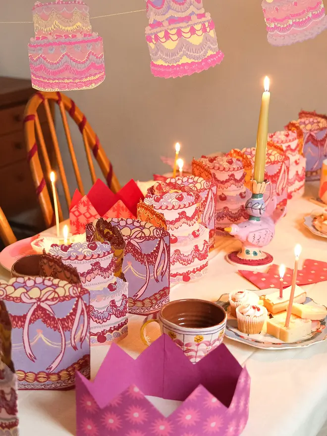 Celebration Cakes Sewn Garland in pinks and purples 
