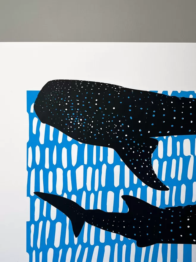 Whale Sharks (Black and Blue) – Screen Printed Poster - left close up