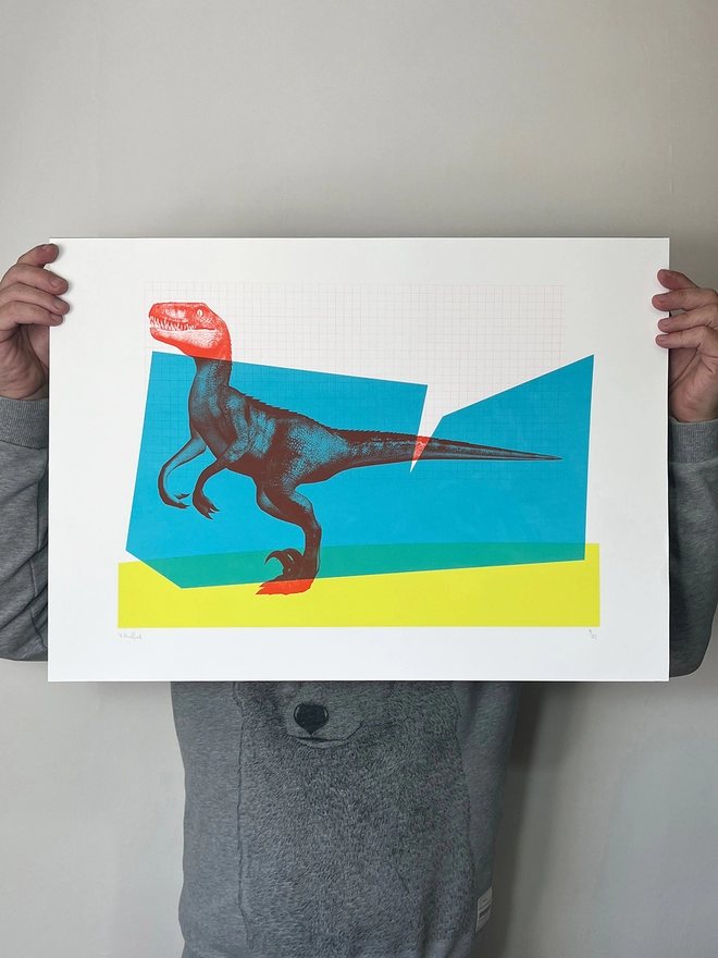 Big Red Raptor - Screen Printed Dinosaur Poster - scale shot
