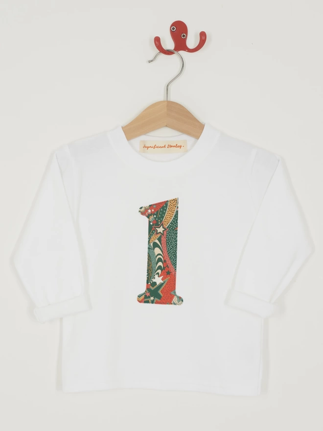 white long sleeve t-shirt with a number one sewn on in My Little Star Liberty print 