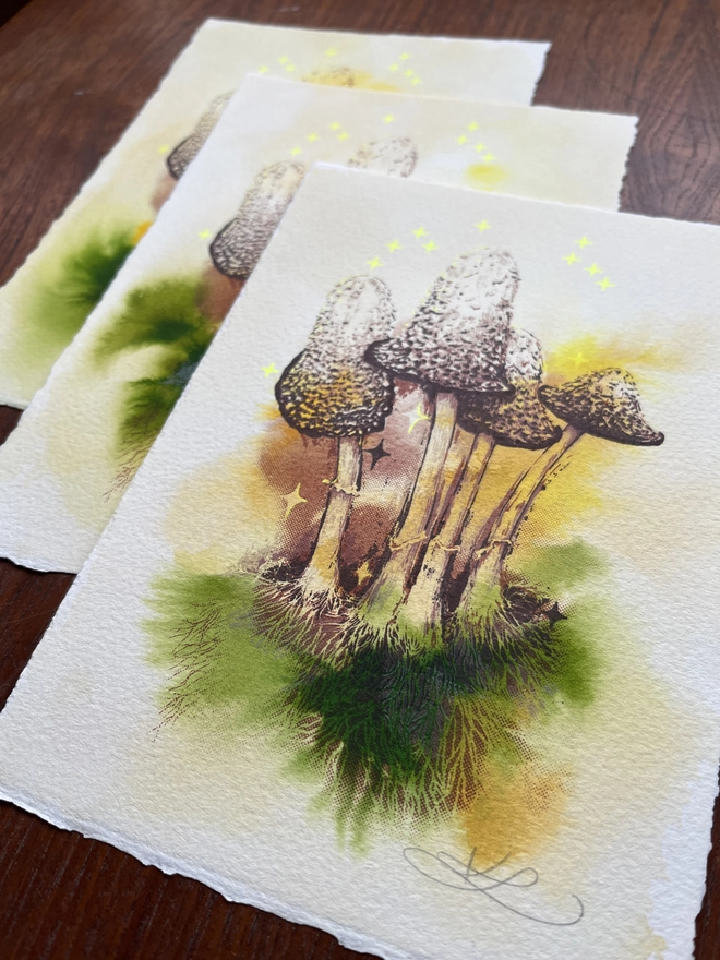 Inky Caps screenprint and watercolour By Kath Leone art