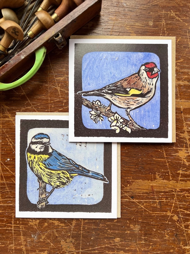 goldfinch and blue tit art cards