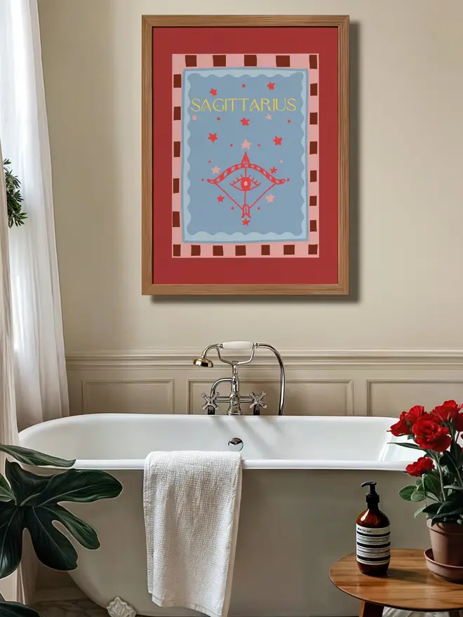 Sagittarius digital print in a kitchen backdrop, hand drawn illustration unique and colourful wall art