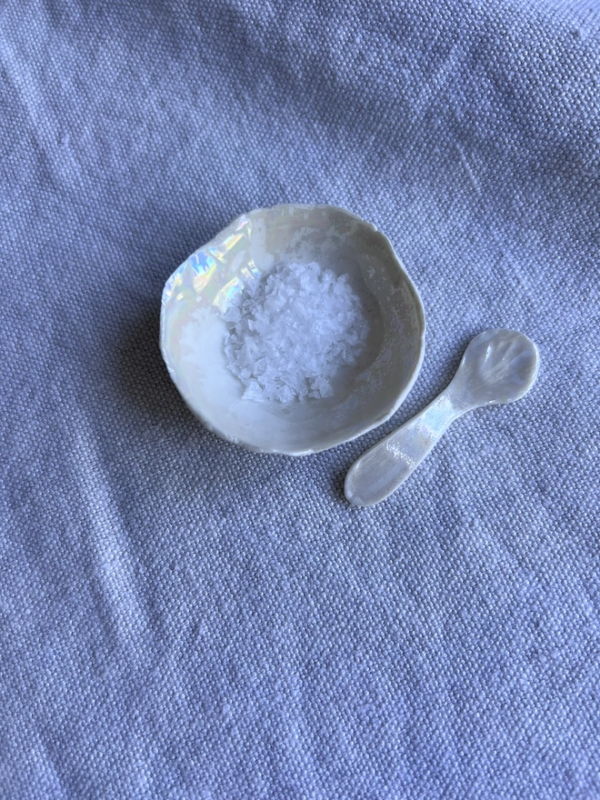 mother of pearl porcelain salt and pepper dish with matching spoon