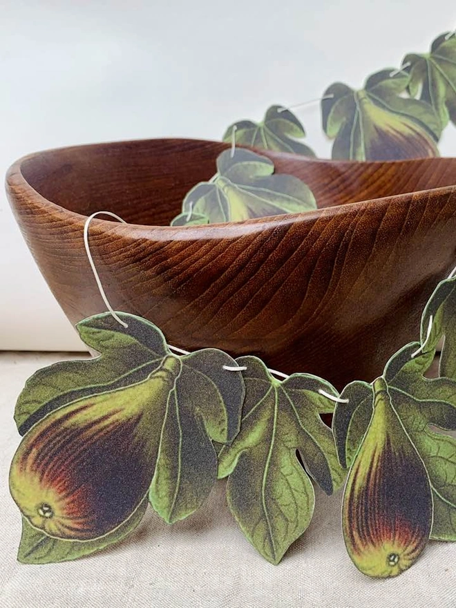 A string of botanical figs with a teak bowl on a table