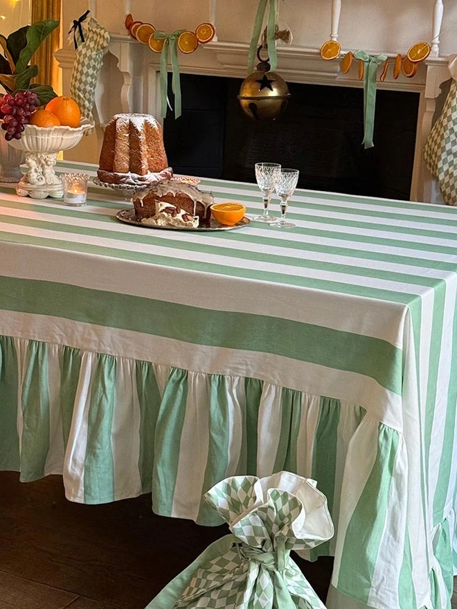 Riviera Winter Mint Striped Tablecloth Ruffle 