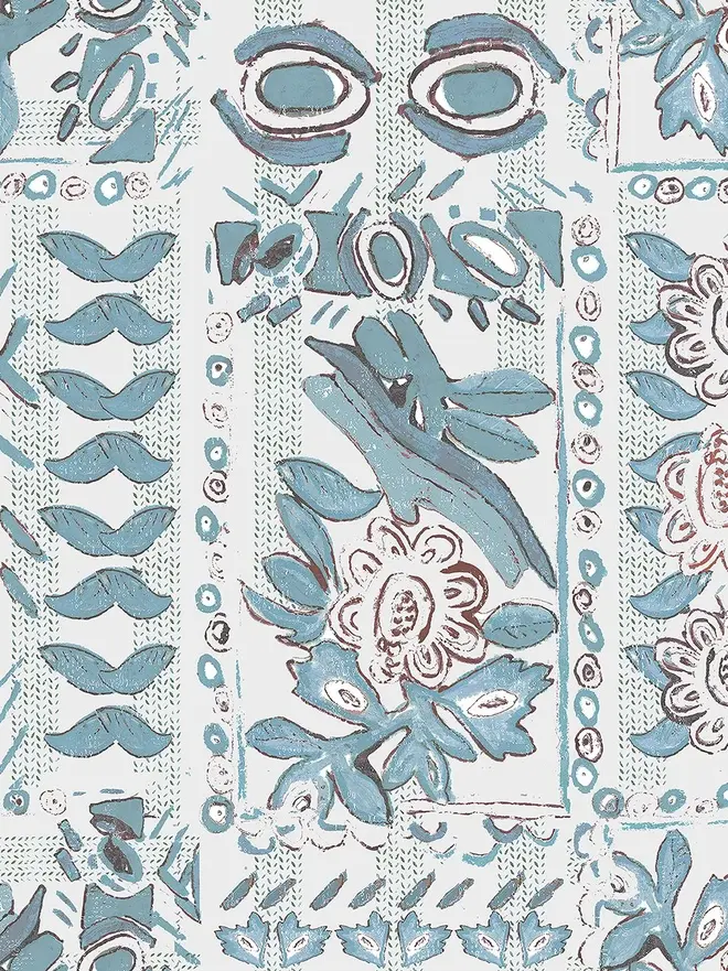 denim in venice illustrated wallpaper. a white background wallpaper with painted blue floral patterns.