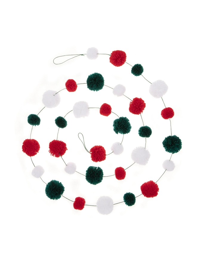Christmas garland yarn pom pom decoration red white green