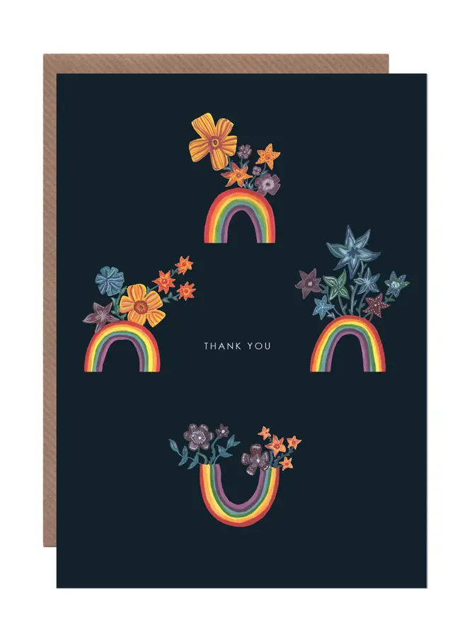 Thank you greeting card black backgrount with 4 rainbows on comes with a brown envelope 