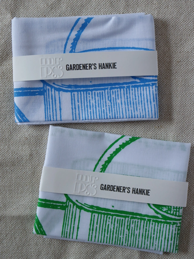 Colour choices Gardener Hankie; sky blue, grass green folded handkerchiefs