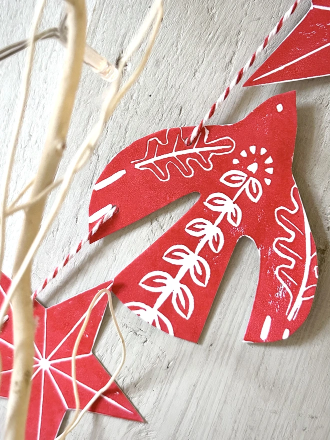 Traditional Nordic Folk Birds Christmas Linocut Garland