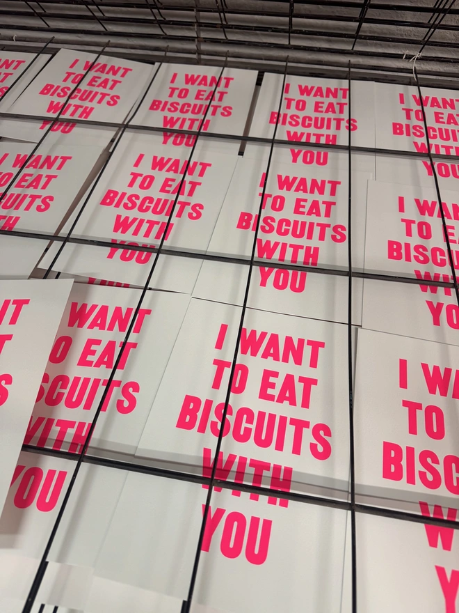 Group shot of 'I Want to Eat Biscuits with You' screen prints in progress