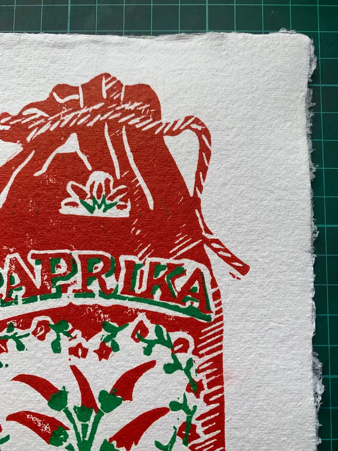 Lino Print Paprika Spice Bag On Handmade Paper