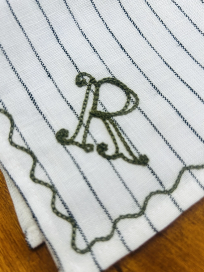 Embroidered Linen Stripe Handkerchief with Monogram Letter
